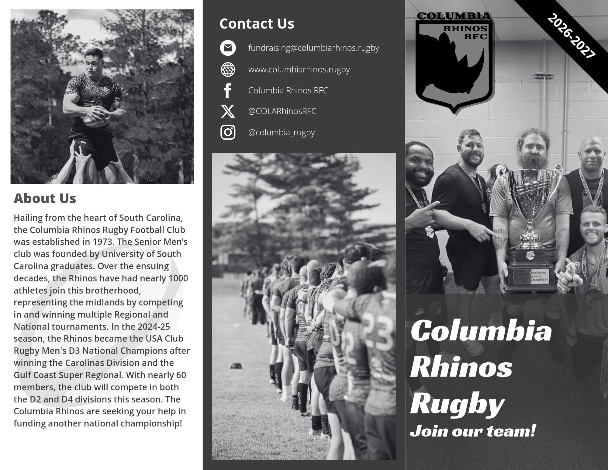 Outside of the Columbia Rhinos RFC 2026-2027 sponsorship brochure