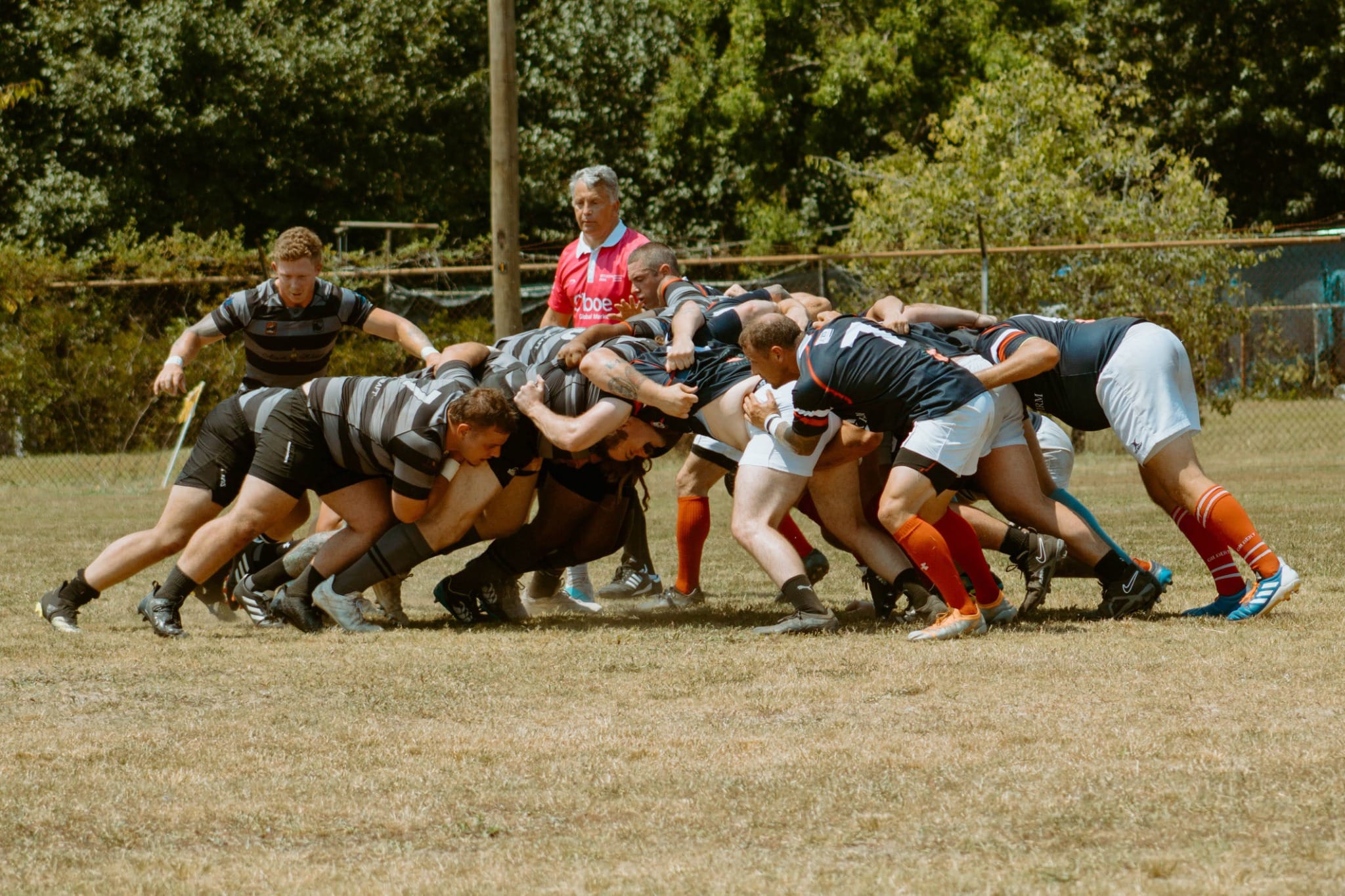 Columbia Rhinos and their opponents driving through a scrum
